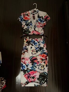 bebe White Floral Two-Piece Midi Dress with Pink, Blue and Black Accents